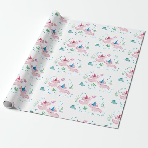 Cute Happy Axolotl Birthday Party White Wrapping Paper