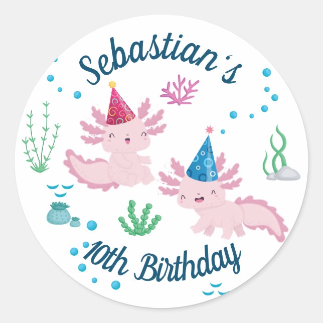 Cute Happy Axolotl White Birthday Party  Classic Round Sticker (Front)