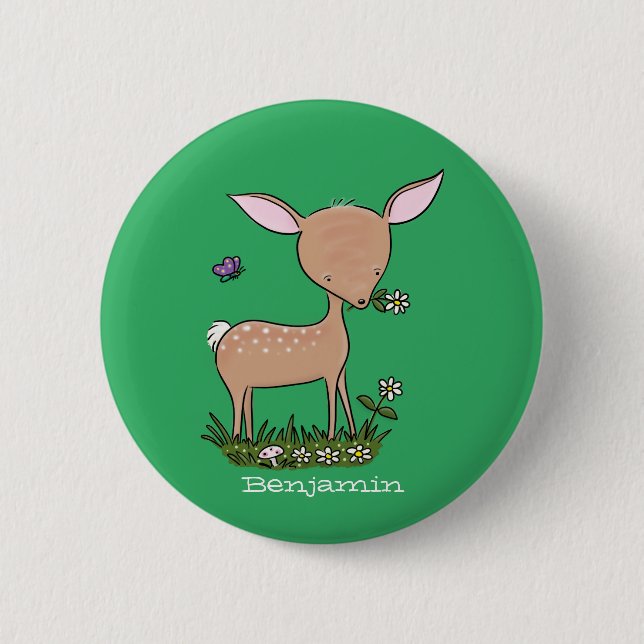 Cute happy baby deer cartoon illustration button (Front)