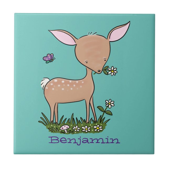 Cute happy baby deer cartoon illustration ceramic tile (Front)