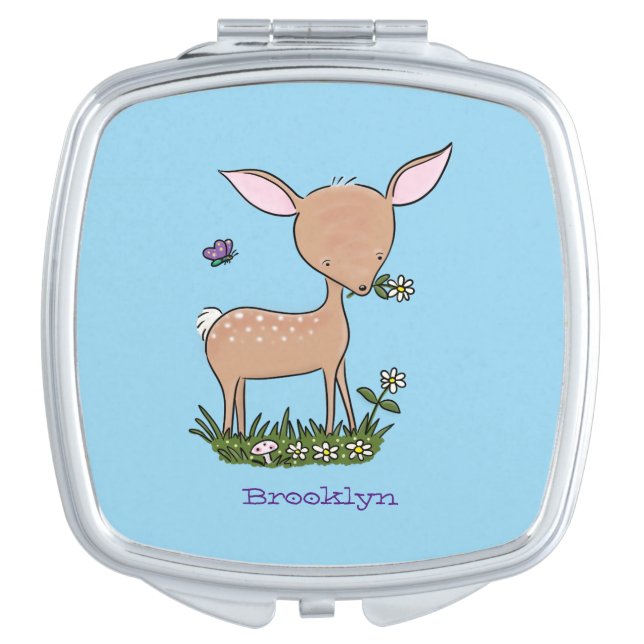 Cute happy baby deer cartoon illustration compact mirror (Front)
