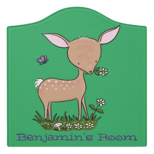 Cute happy baby deer cartoon illustration door sign