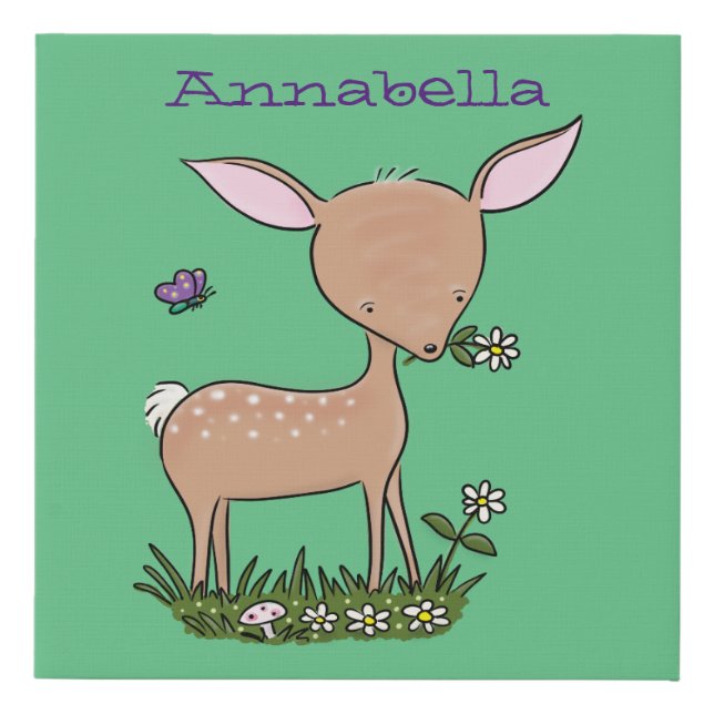 Cute happy baby deer cartoon illustration faux canvas print (Front)