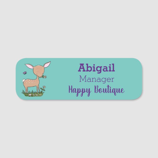 Cute happy baby deer cartoon illustration name tag (Front)