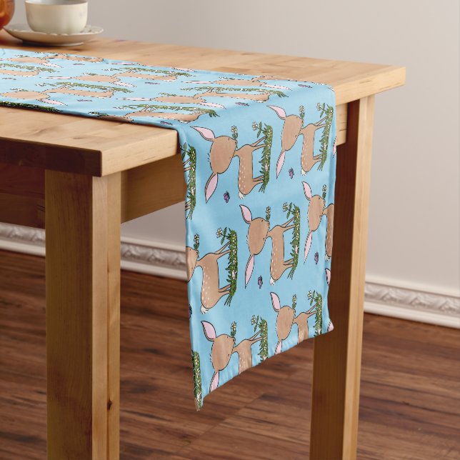 Cute happy baby deer cartoon illustration short table runner (In Situ)