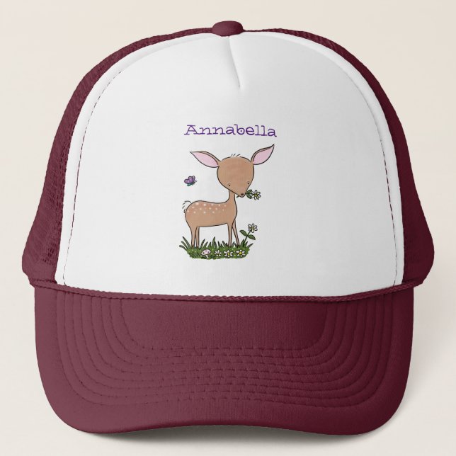 Cute happy baby deer cartoon illustration trucker hat (Front)