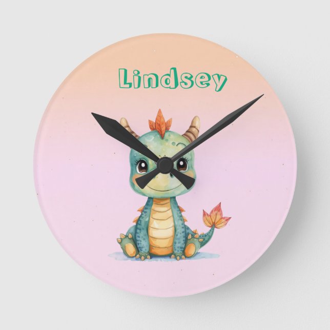 Cute Happy Baby Dragon  Round Clock (Front)