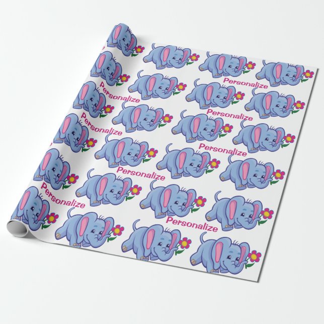 Cute & Happy Baby Elephant Cartoon Personalize Wrapping Paper (Unrolled)