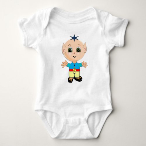 Cute happy baby elf in blue and yellow clothes baby bodysuit