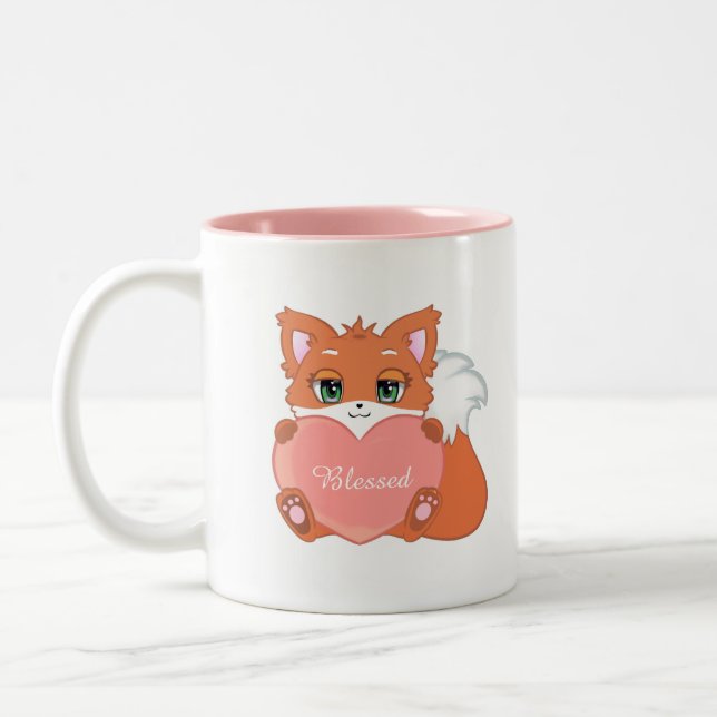 Cute Happy Baby Fox with Pink Heart Two-Tone Coffee Mug (Left)