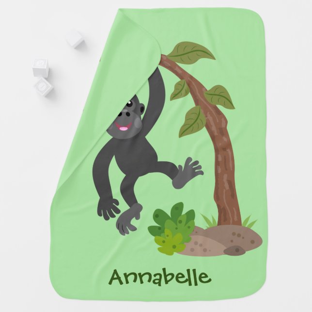 Cute happy baby gorilla cartoon illustration baby blanket (In Situ)