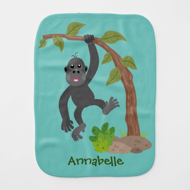 Cute happy baby gorilla cartoon illustration baby burp cloth (Front)