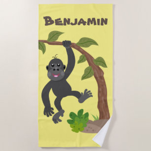 Cute happy baby gorilla cartoon illustration beach towel