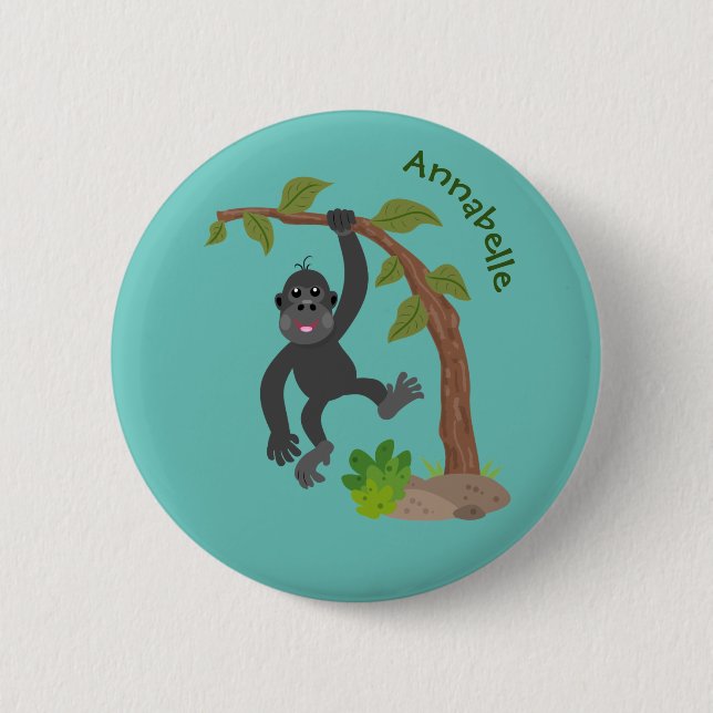 Cute happy baby gorilla cartoon illustration button (Front)