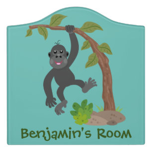 Cute happy baby gorilla cartoon illustration door sign