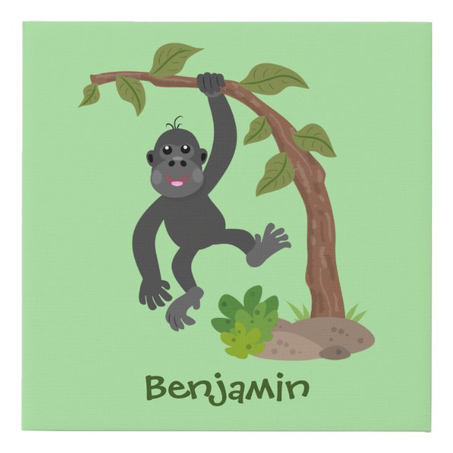 Cute happy baby gorilla cartoon illustration faux canvas print (Front)