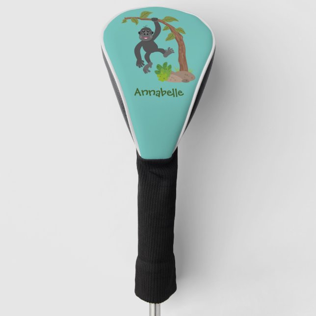 Cute happy baby gorilla cartoon illustration golf head cover (Front)