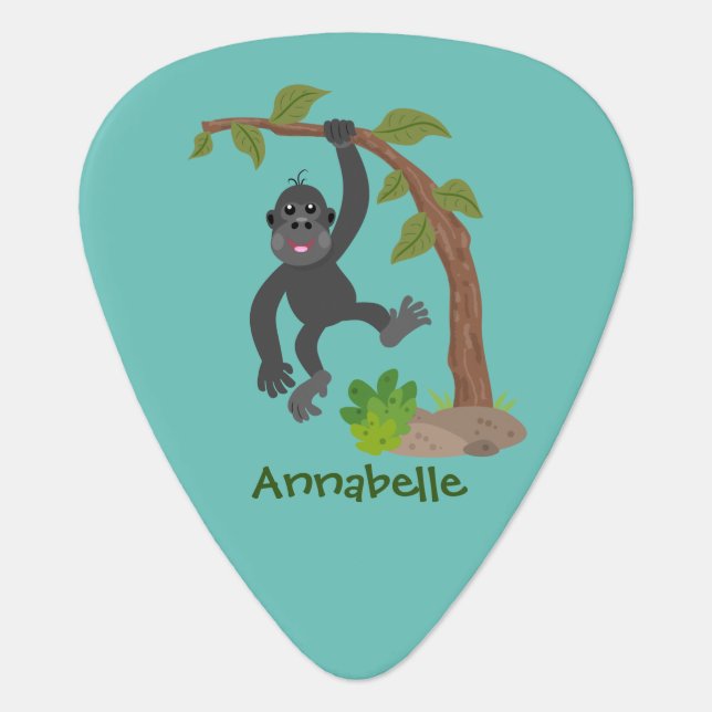 Cute happy baby gorilla cartoon illustration guitar pick (Front)