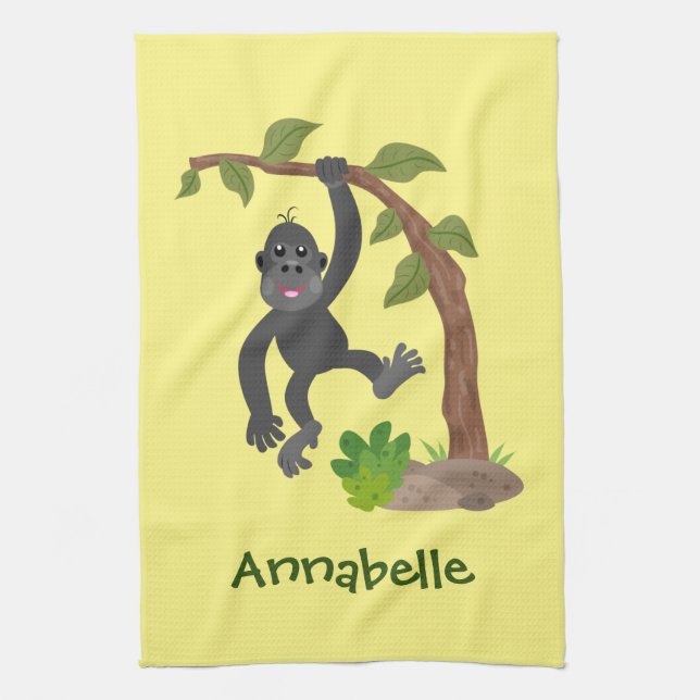 Cute happy baby gorilla cartoon illustration kitchen towel (Vertical)