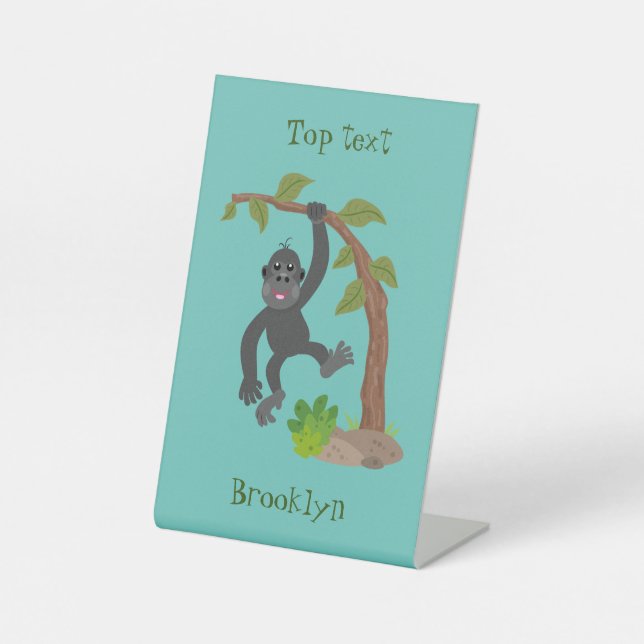 Cute happy baby gorilla cartoon illustration pedestal sign (Front)