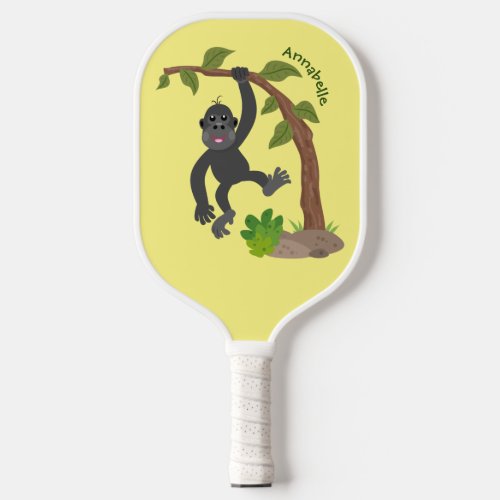 Cute happy baby gorilla cartoon illustration  pickleball paddle