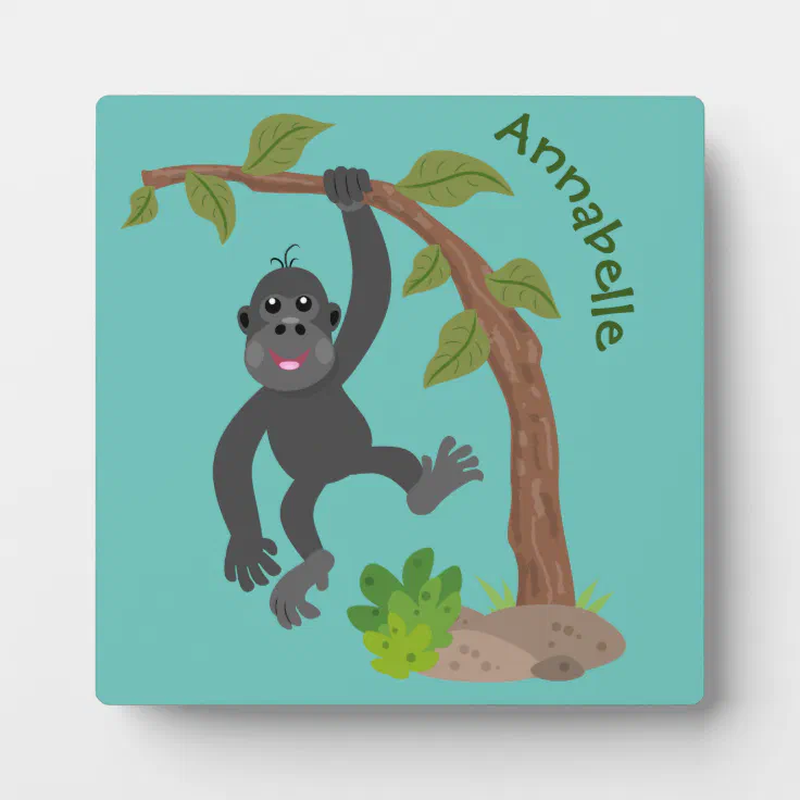 Cute happy baby gorilla cartoon illustration plaque | Zazzle