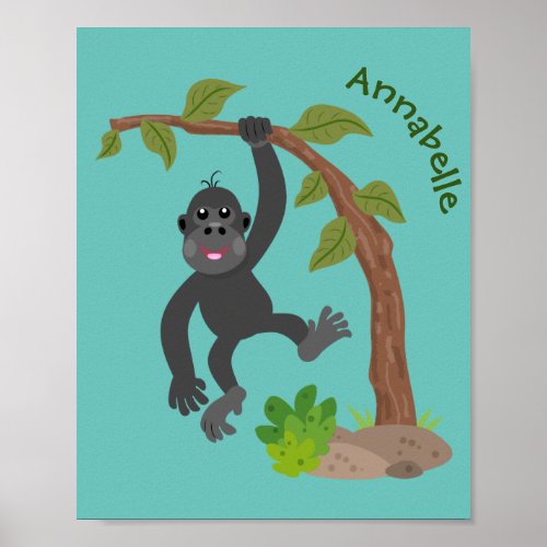 Cute happy baby gorilla cartoon illustration poster