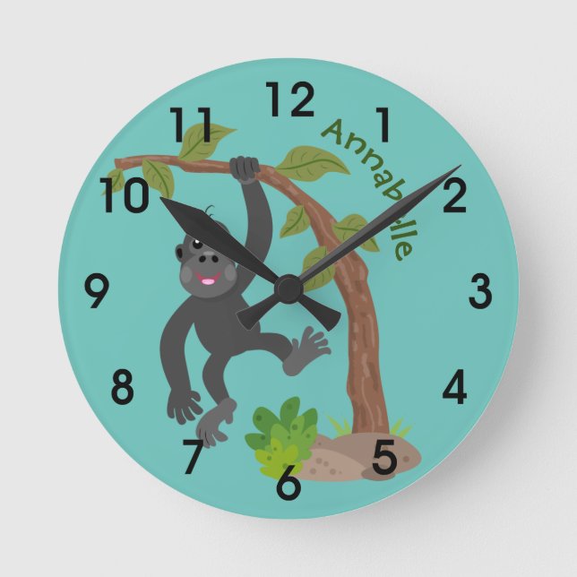 Cute happy baby gorilla cartoon illustration round clock (Front)