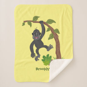 Cute happy baby gorilla cartoon illustration  sherpa blanket