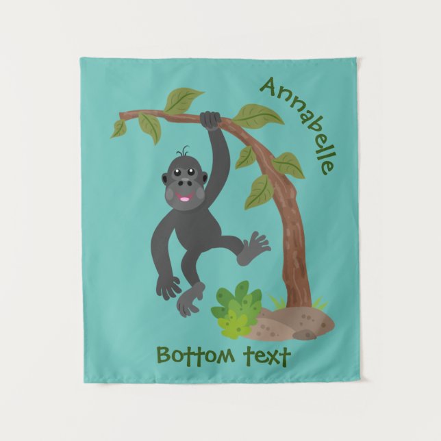 Cute happy baby gorilla cartoon illustration tapestry (Front)