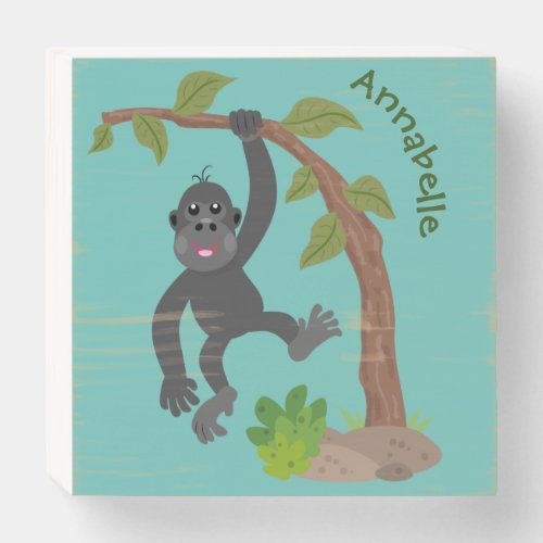 Cute happy baby gorilla cartoon illustration wooden box sign
