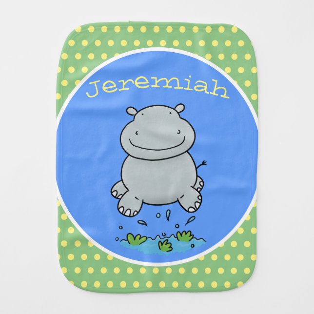 Cute happy baby hippo cartoon illustration baby burp cloth (Front)
