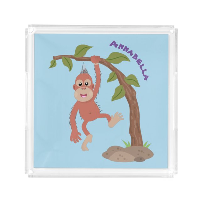 Cute happy baby orangutan cartoon illustration acrylic tray (Front)