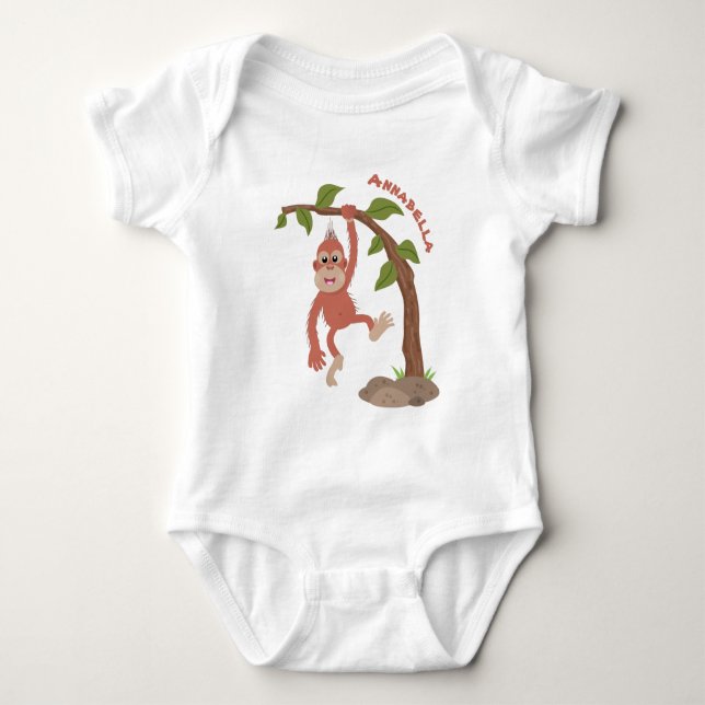 Cute happy baby orangutan cartoon illustration baby bodysuit (Front)
