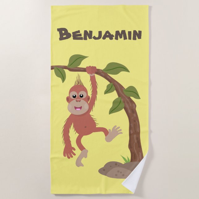 Cute happy baby orangutan cartoon illustration beach towel (Front)