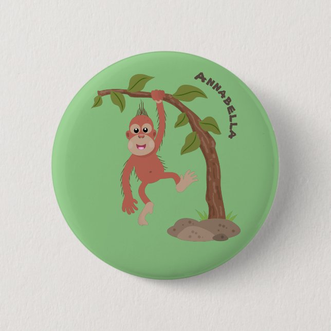 Cute happy baby orangutan cartoon illustration button (Front)