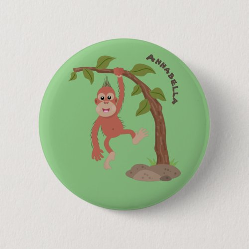 Cute happy baby orangutan cartoon illustration button