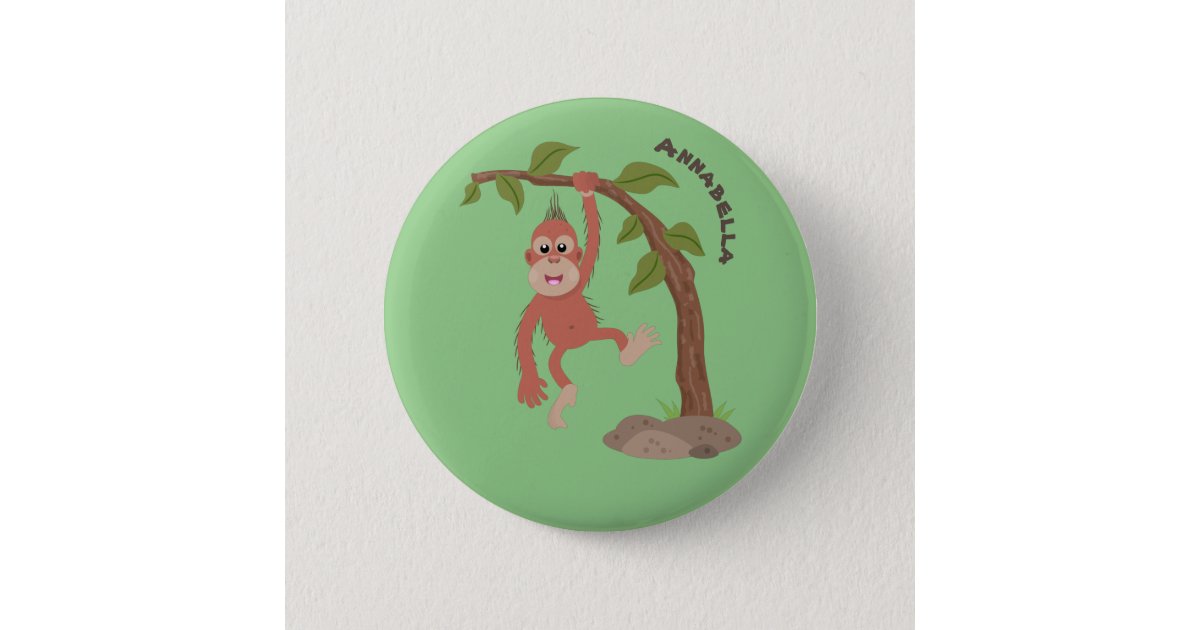 Cute happy baby orangutan cartoon illustration button | Zazzle