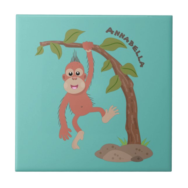 Cute happy baby orangutan cartoon illustration ceramic tile (Front)