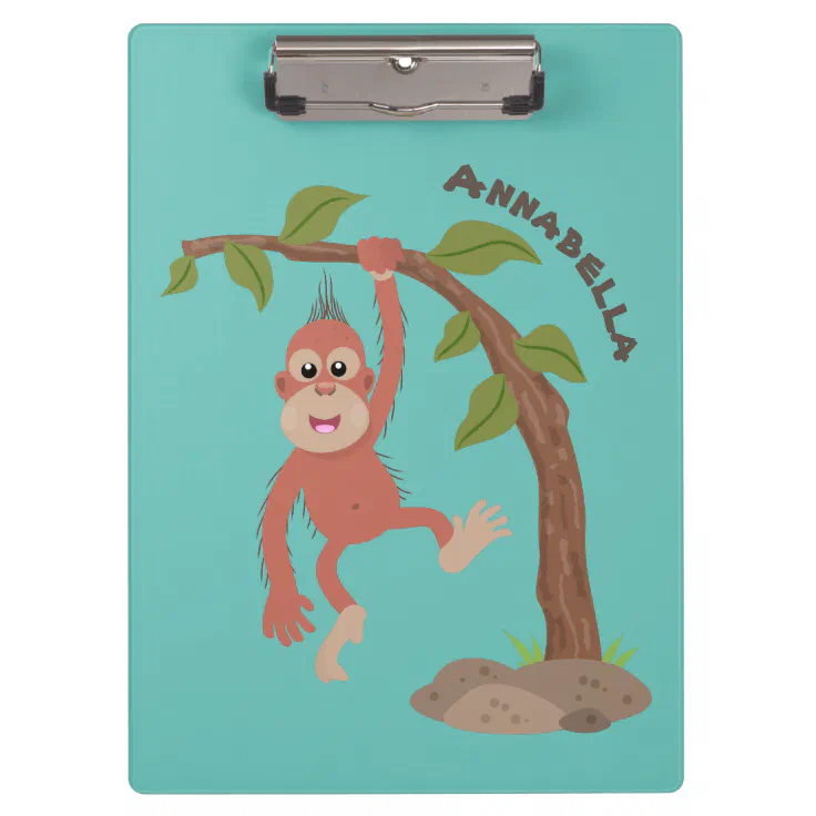 Cute happy baby orangutan cartoon illustration clipboard | Zazzle