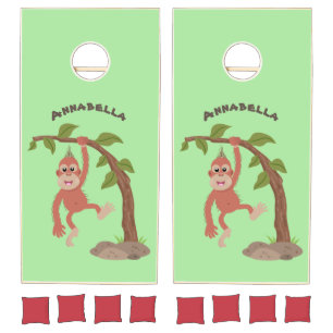 Cute happy baby orangutan cartoon illustration cornhole set