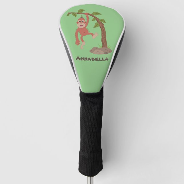 Cute happy baby orangutan cartoon illustration golf head cover (Front)