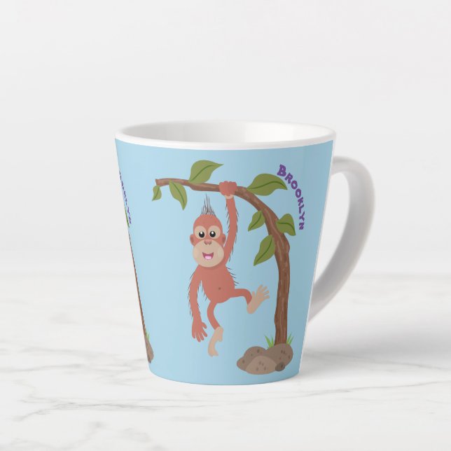 Cute happy baby orangutan cartoon illustration latte mug (Right Angle)