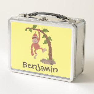Cute happy baby orangutan cartoon illustration metal lunch box