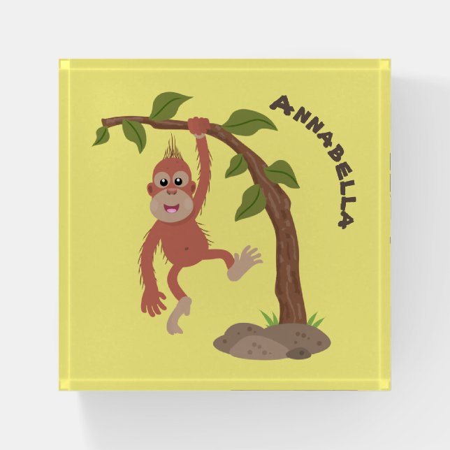 Cute happy baby orangutan cartoon illustration paperweight (Front)