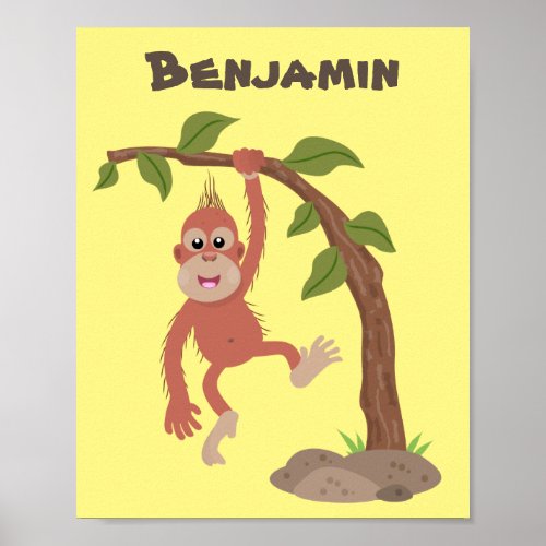 Cute happy baby orangutan cartoon illustration poster