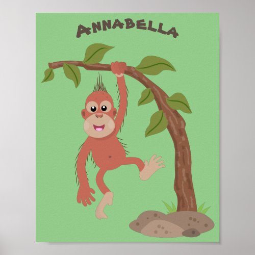 Cute happy baby orangutan cartoon illustration poster