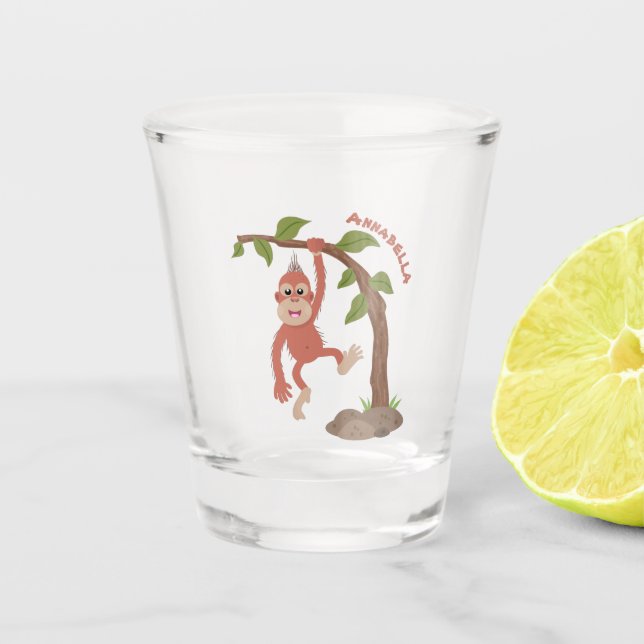Cute happy baby orangutan cartoon illustration  shot glass (Front)