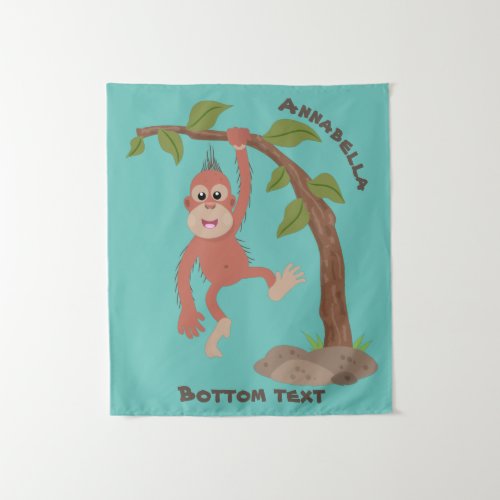 Cute happy baby orangutan cartoon illustration tapestry