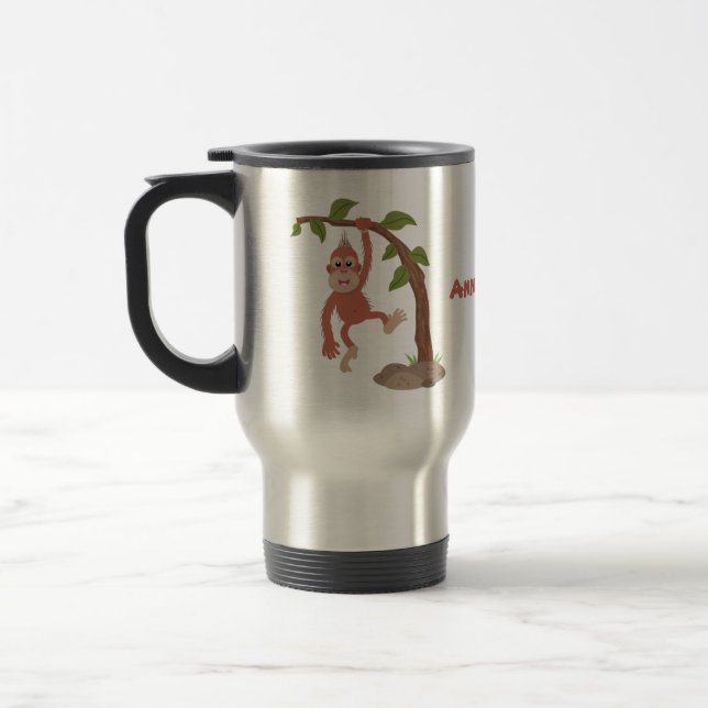 Cute happy baby orangutan cartoon illustration travel mug (Left)